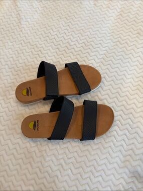 Women's Black Double-Strap Slide Sandals with Tan Footbed